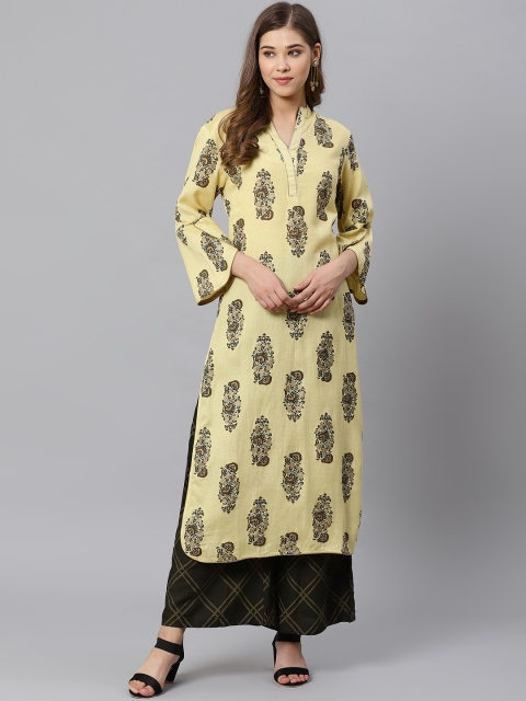 

Kiaasa Women Yellow & Coffee Brown Ethnic Motif Printed Straight Kurta