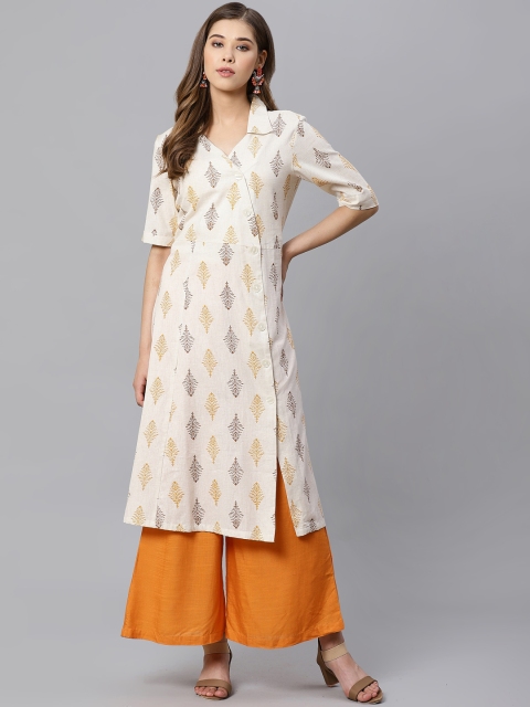 

Kiaasa Women Off-White & Mustard Yellow Ethnic Motifs Printed A-Line Kurta