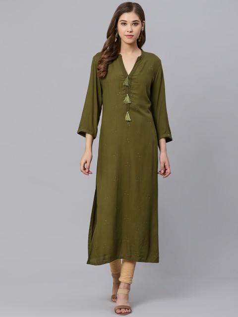 

Kiaasa Women Olive Green Solid Straight Kurta With Printed Detail