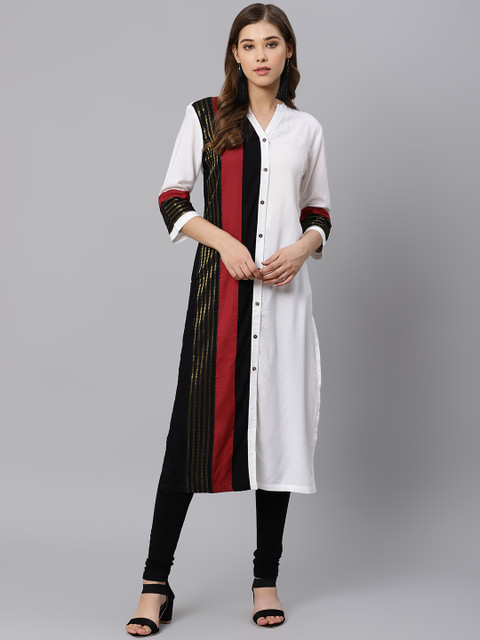 

Kiaasa Women White & Black Colourblocked Straight Kurta
