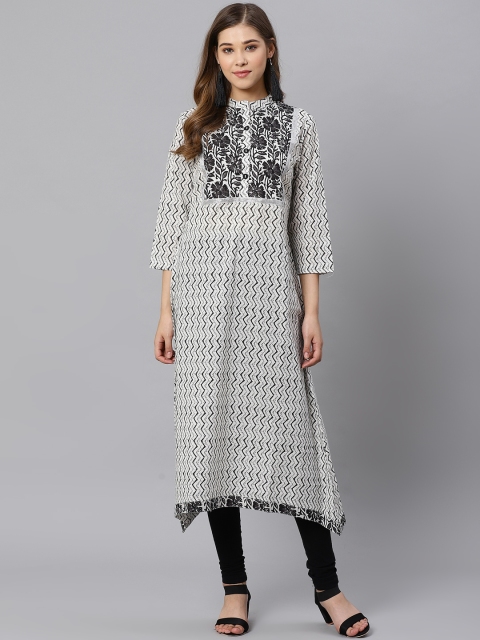 

Kiaasa Women White & Black Printed Asymmetric Straight Kurta