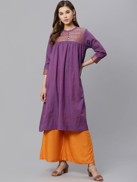 

Kiaasa Women Purple Solid A-Line Kurta With Embroidered Detail