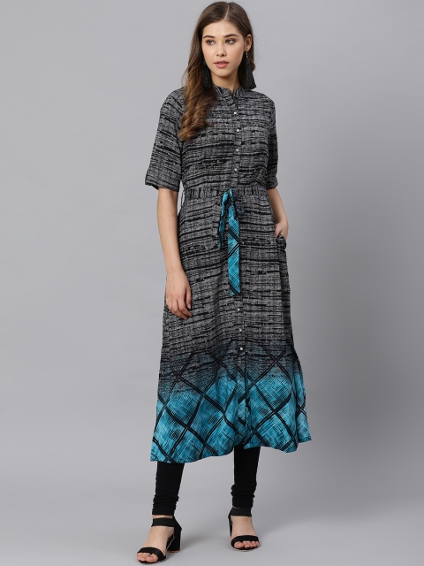 

Kiaasa Women Black & White Solid A-Line Kurta With Grindle Effect