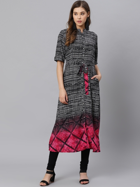 

Kiaasa Women Black & White Solid A-Line Kurta With Grindle Effect