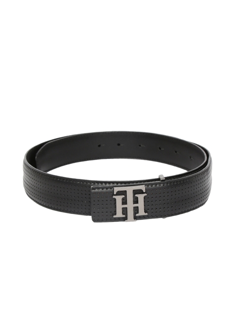 Men Black Textured Leather Belt