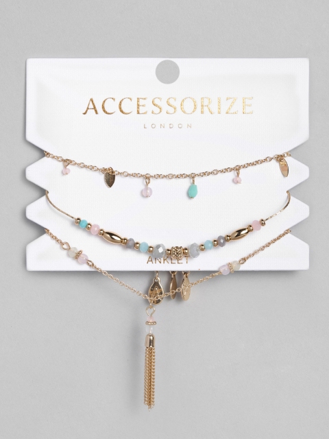 

Accessorize Women Set of 3 Gold-Toned Bead & Tassel Embellished Anklets
