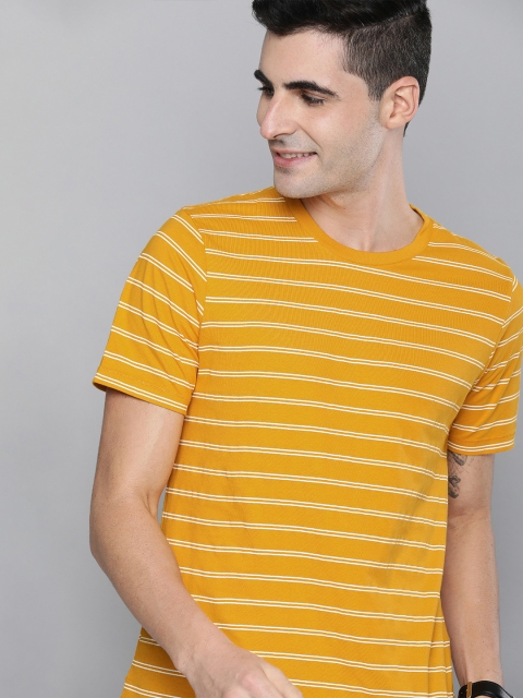 

Mast Harbour Men Mustard Yellow White Striped Round Neck Pure Cotton T-shirt