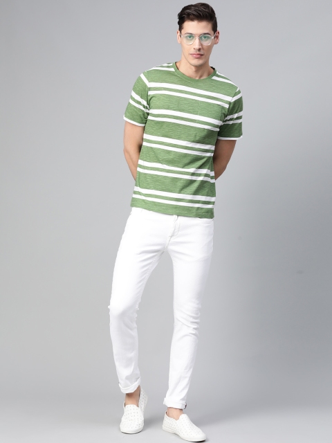 

Mast & Harbour Men Green & White Striped Round Neck T-shirt