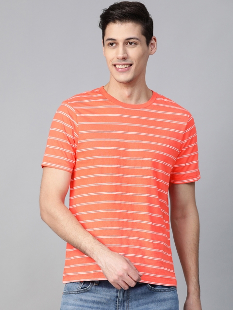 

Mast & Harbour Men Coral Orange & White Striped Round Neck T-shirt