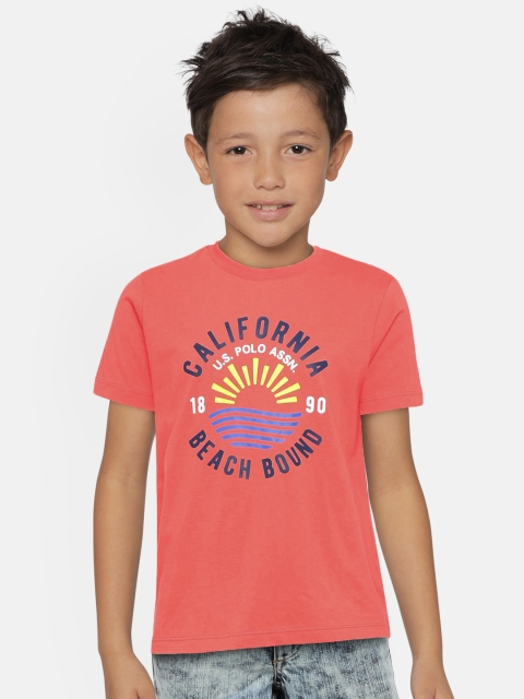 

U.S. Polo Assn. Kids Boys Coral Orange Printed Round Neck T-shirt