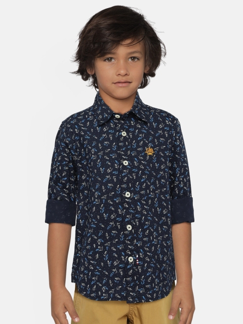 Boys Navy Blue Regular Fit Printed Casual Shirt