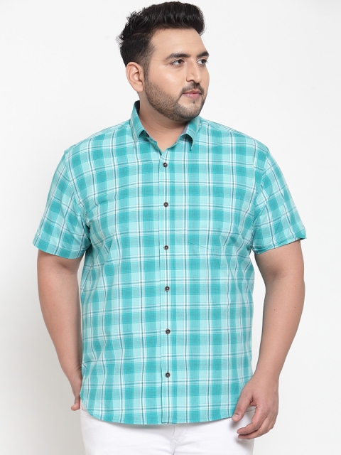 

plusS Men Sea Green & Off-White Regular Fit Checked Casual Shirt