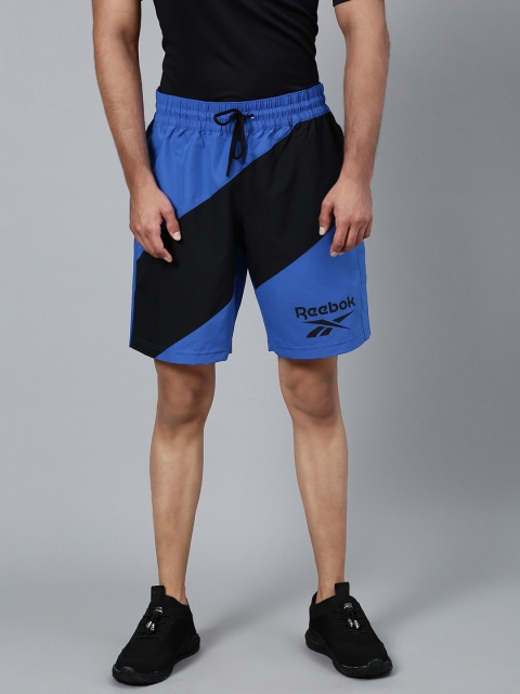 

Reebok Men Blue & Black Colourblocked Training Wor Woven Graphic Shorts