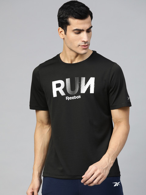 

Reebok Men Black and White Essentials Graphic Print Running T-shirt