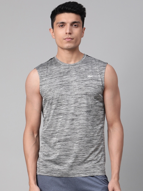 

Reebok Men Grey Melange Self-Design Foundation Sleeveless Training T-shirt