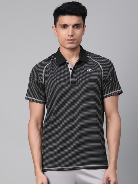 

Reebok Men Black & White Striped Training Performance Poly Polo T-Shirt
