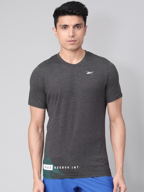

Reebok Men Charcoal Grey Solid Workout Graphic Training T-shirt