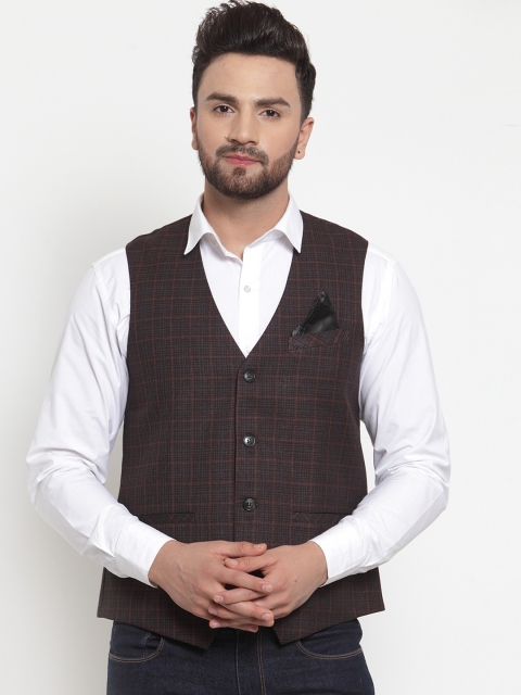 

NEUDIS Men Brown & Black Checked Waistcoat