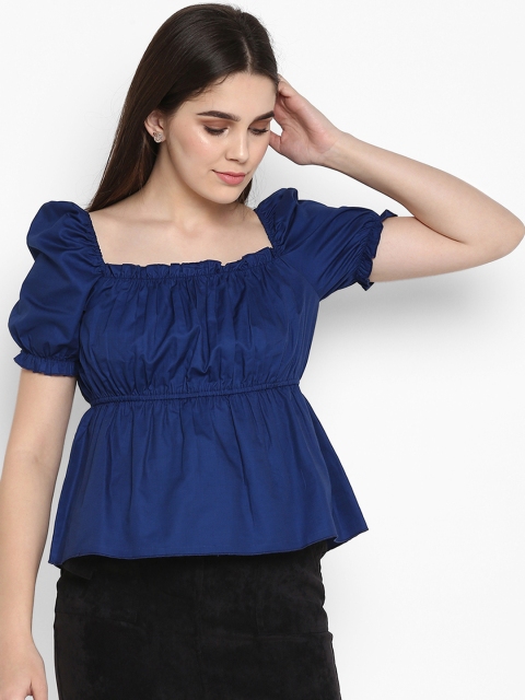 

FOSH Women Blue Solid Cinched Waist Top