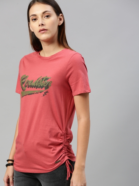 

Roadster Women Coral Red Printed Side Tie-Up Round Neck T-shirt