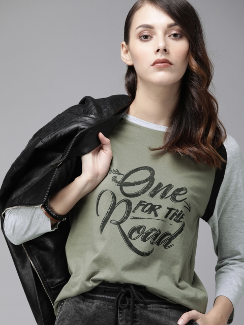 

Roadster Women Olive Green Printed Round Neck T-shirt