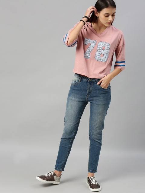 

Roadster Women Pink Varsity Printed Round Neck Crop T-shirt