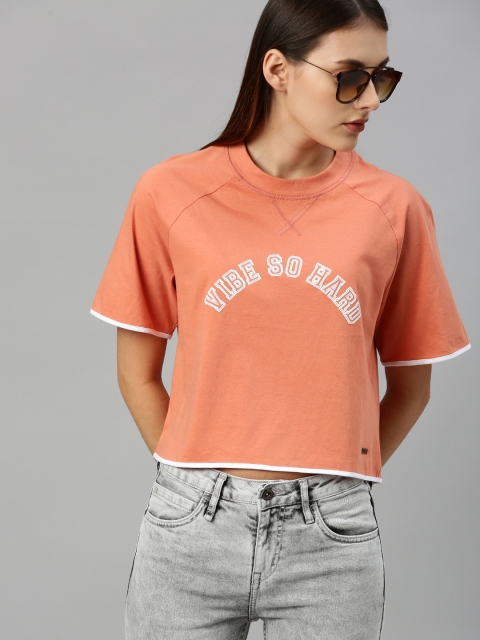 

Roadster Women Peach-Coloured Printed Round Neck Cropped T-shirt