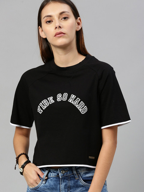

Roadster Women Black Printed Round Neck Pure Cotton T-shirt