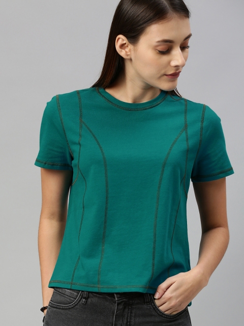 

Roadster Women Teal Green Solid Round Neck T-shirt With Embroidered Detailing