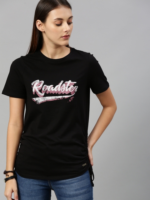 

Roadster Women Black Printed Round Neck Pure Cotton T-shirt With Side Tie-Ups