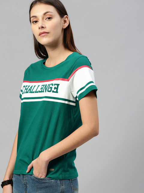 

Roadster Women Green Printed Round Neck T-shirt