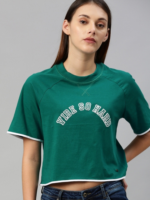 

Roadster Women Green Printed Round Neck Crop T-shirt