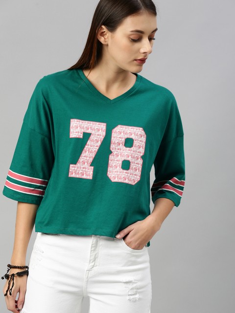 

Roadster Women Green Printed V-Neck Cotton Pure Cotton T-shirt