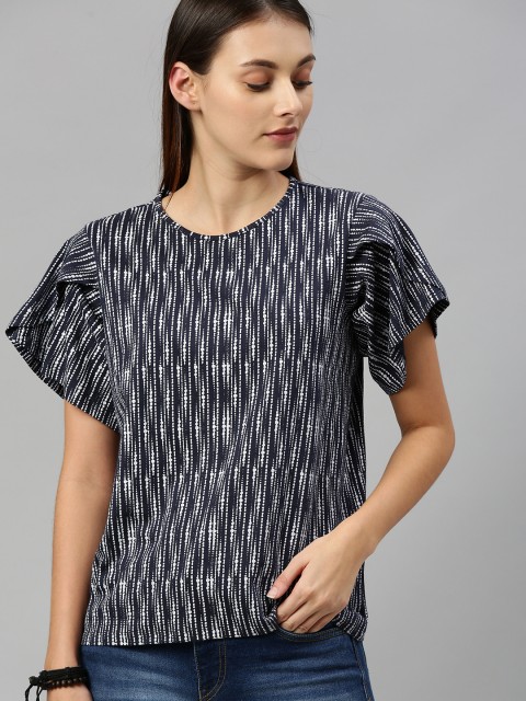 

Roadster Women Navy Blue & White Printed Flutter Sleeve Pure Cotton Top