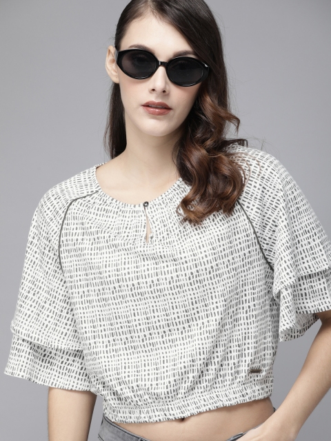 

Roadster Women White & Black Printed Blouson Crop Top