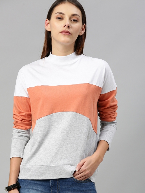 

Roadster Women White High Neck Colourblocked Pure Cotton Top
