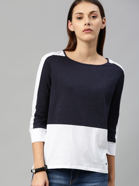 

Roadster Women Navy Blue & White Colourblocked High-Low Pure Cotton Top