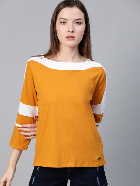 

Roadster Women Mustard Yellow Solid Pure Cotton Top