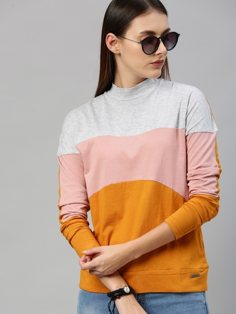 

Roadster Women Pink & Mustard Yellow Colourblocked High Neck Top
