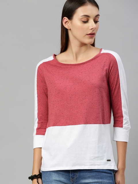 

Roadster Women Pink & White Colourblocked Boat Neck Top