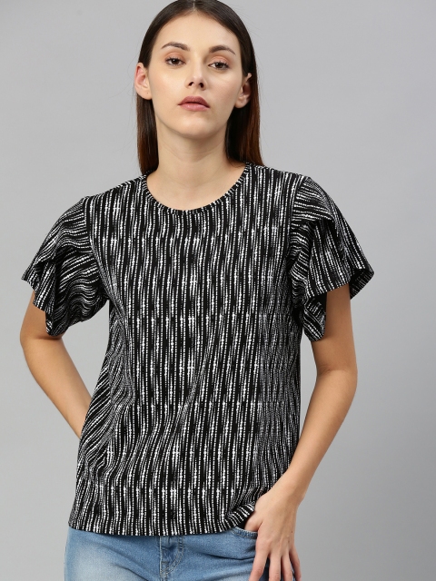 

Roadster Women Black Printed Flutter Sleeve Pure Cotton Top