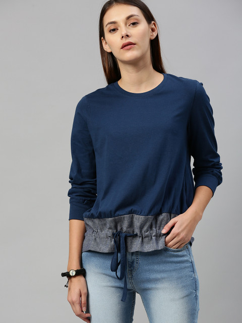 

Roadster Women Navy Blue Grey Colourblocked Round Neck Pure Cotton T-shirt with Waist Tie-Ups