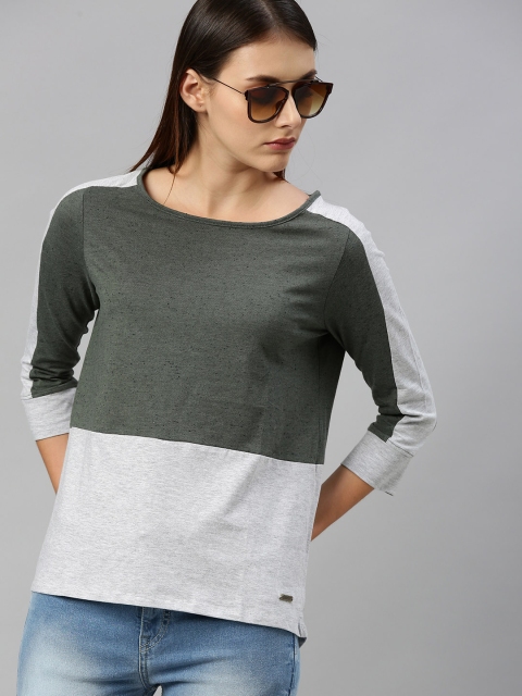 

Roadster Women Olive Green Grey Colourblocked Round Neck Pure Cotton T-shirt