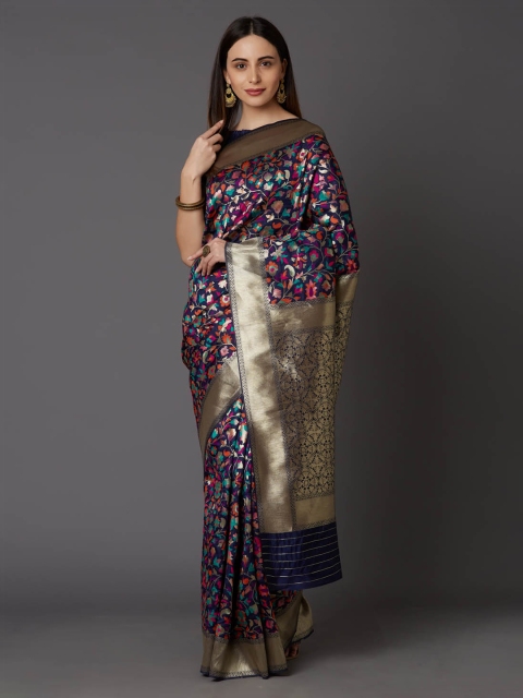 

Mitera Navy Blue & Gold-Toned Silk Blend Woven Design Banarasi Saree
