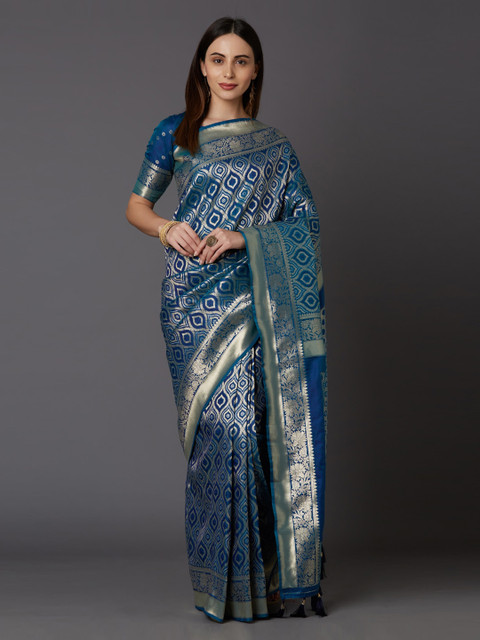 

Mitera Teal & Gold-Toned Silk Blend Woven Design Banarasi Saree