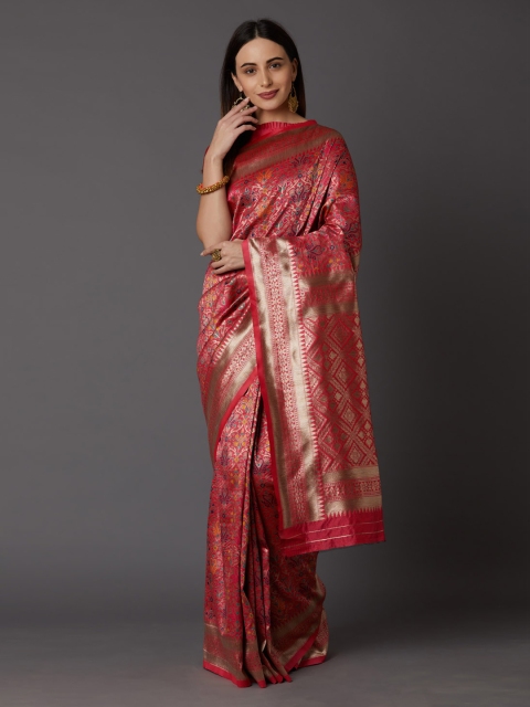 

Mitera Pink & Gold-Toned Silk Blend Woven Design Banarasi Saree