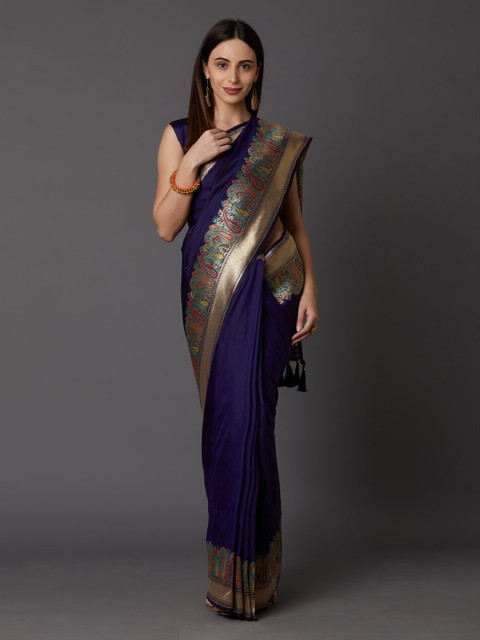 

Mitera Navy Blue & Gold-Toned Silk Blend Solid Banarasi Saree
