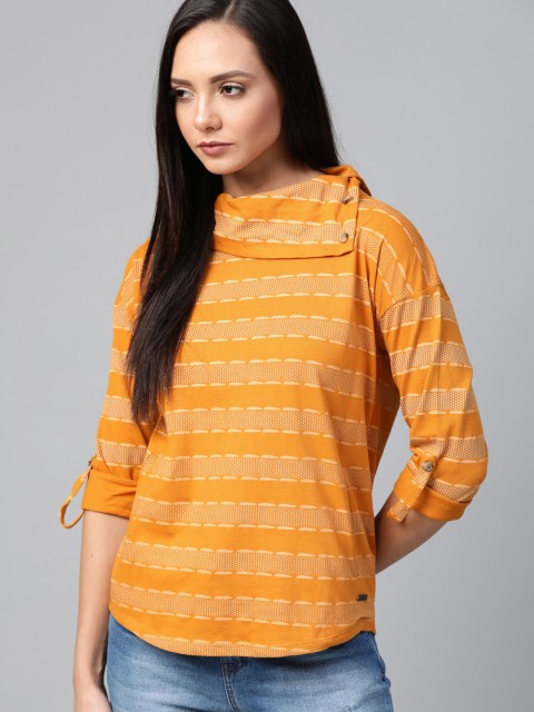 

Roadster Women Mustard Yellow Striped High Neck T-shirt