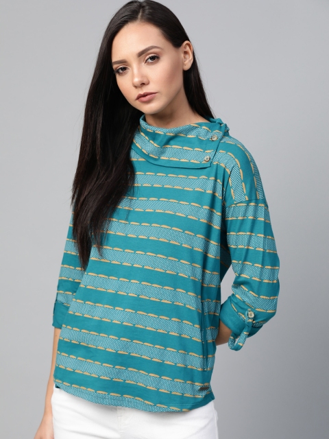 

Roadster Women Blue & Mustard Yellow Striped High Neck T-shirt
