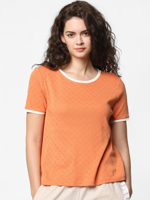 

ONLY Women Orange Self Design Round Neck T-shirt